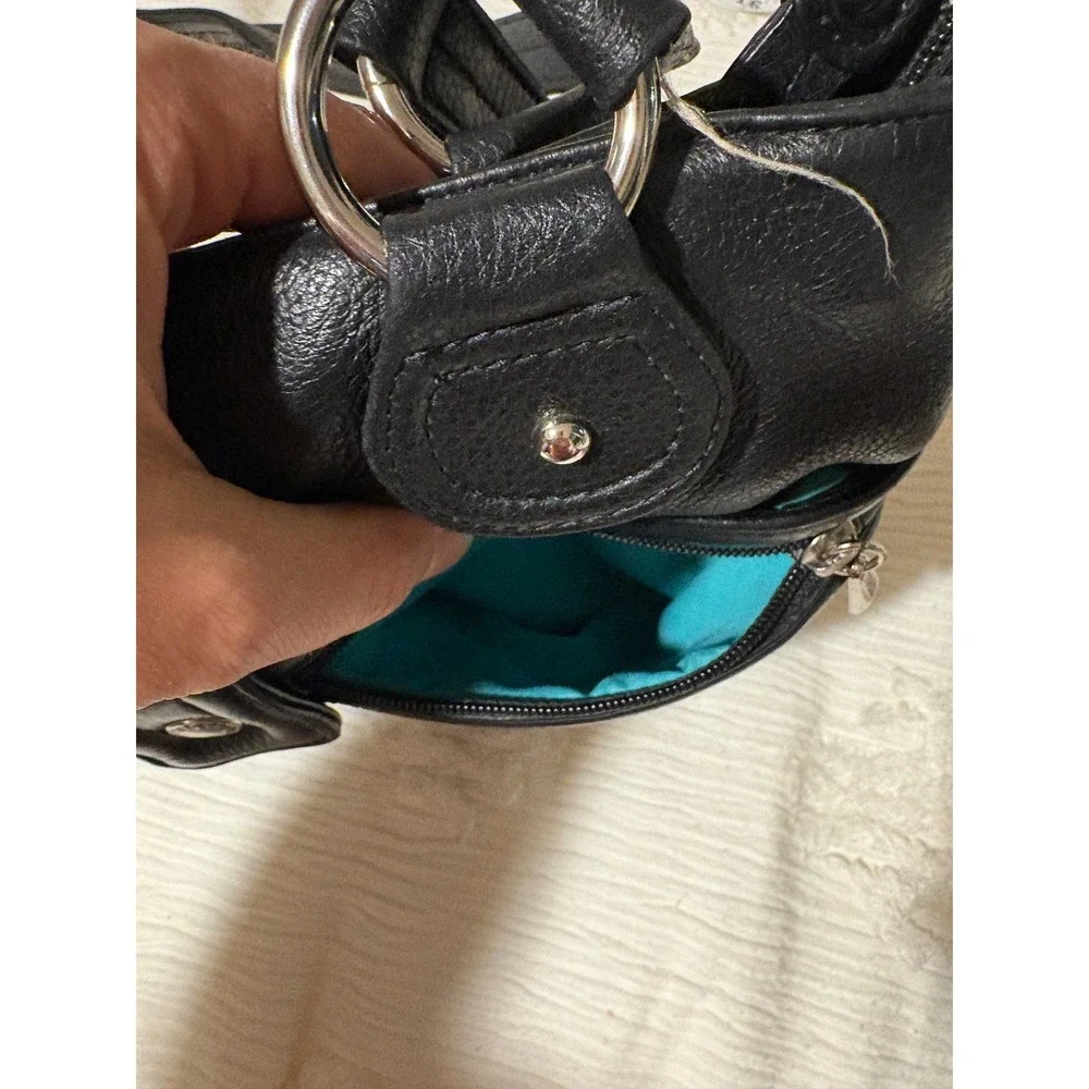 Black Pebbled Leather Shoulder Bag Turquoise Lining Classic Minimalist